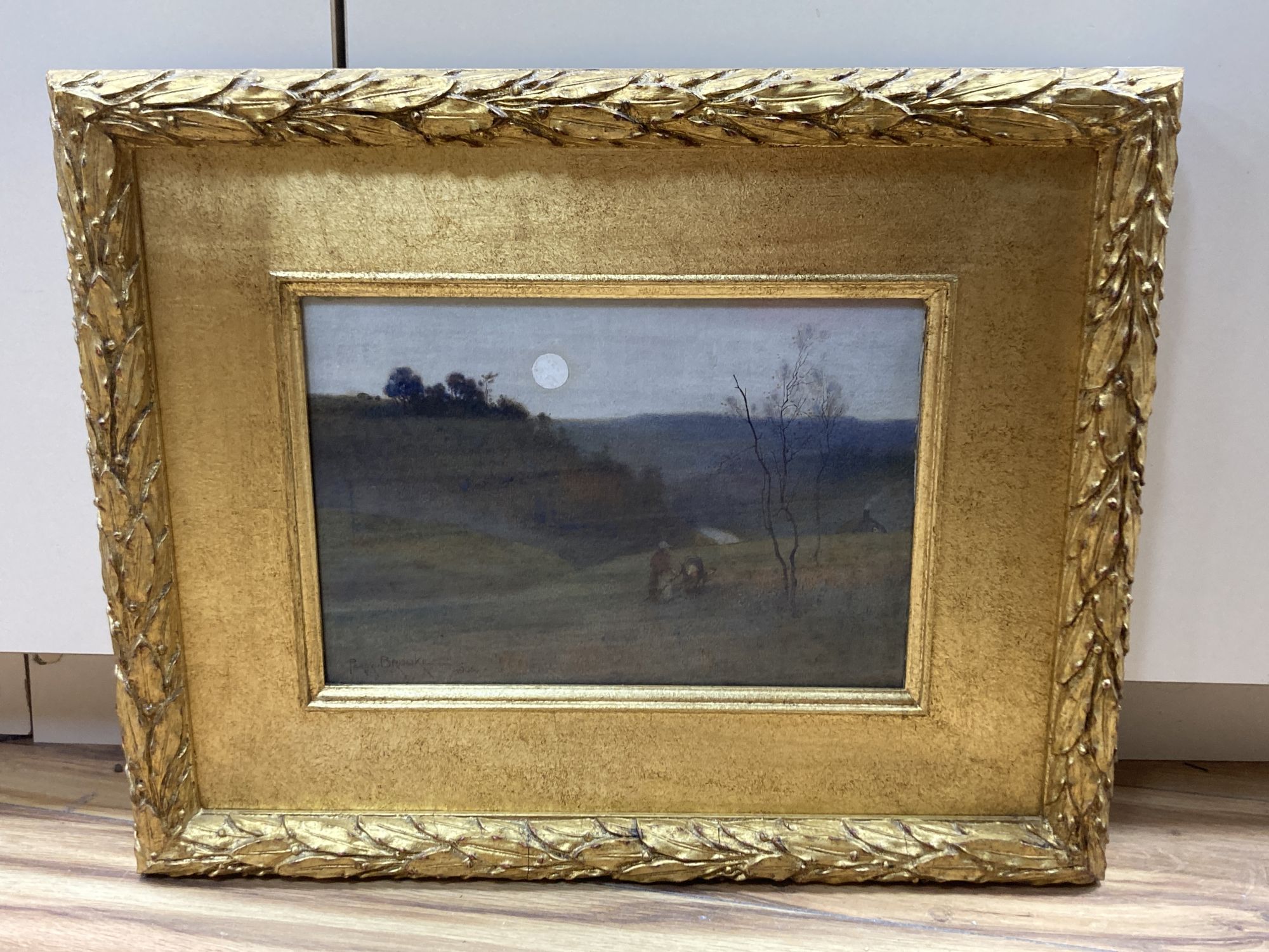 Percy Brooke (fl.1894-1916), watercolour, Gleaners at sunset, signed and dated 1905, 18 x 27cm